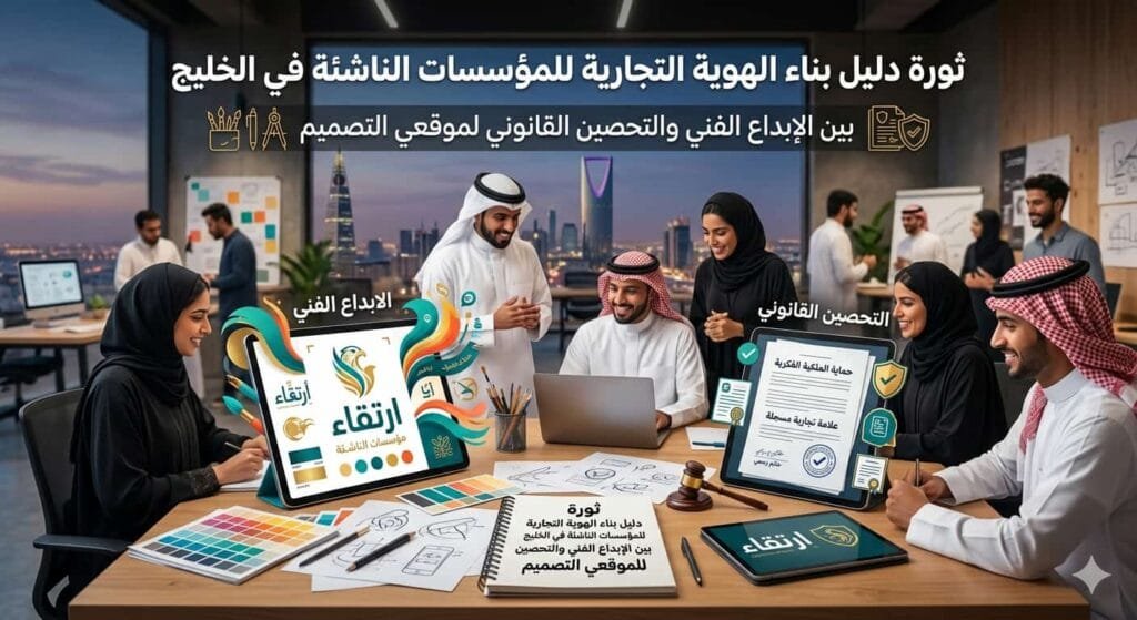 تصميم إبداعي يجمع بين عناصر الهوية التجارية والقوانين لحماية العلامات التجارية في الخليج."