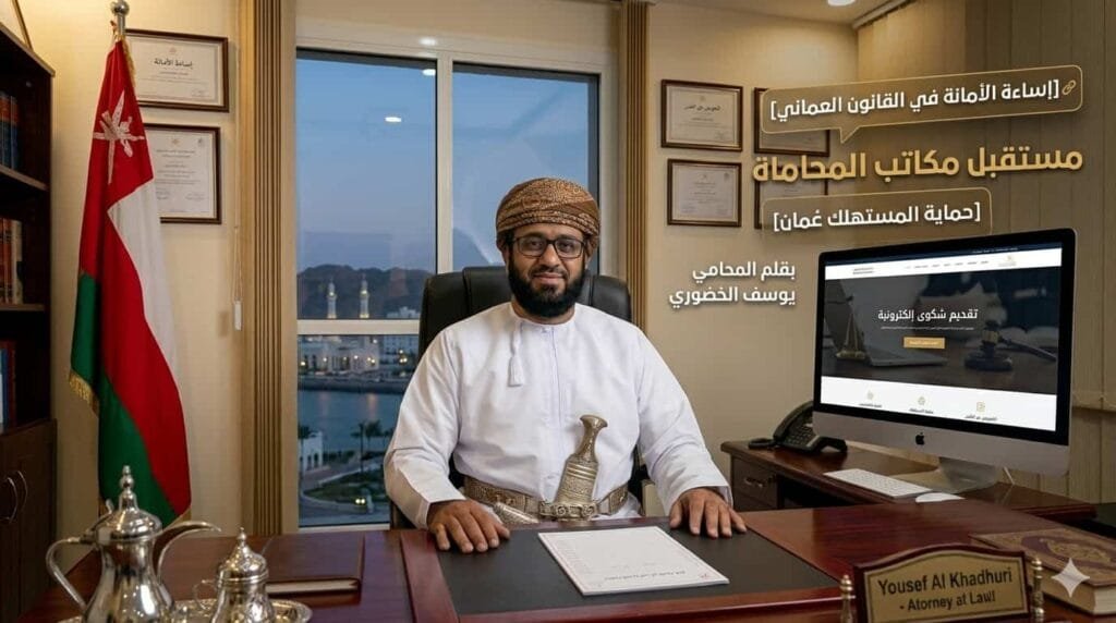 المحامي يوسف الخضوري في مكتبه يطور ويصمم مواقع إلكترونية احترافية لمكاتب المحاماة في سلطنة عمان.