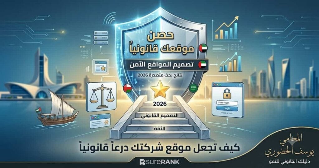 رسم توضيحي يمثل التحول الرقمي والتصميم القانوني للمواقع الإلكترونية في دول الخليج، مع حصن وقانون.