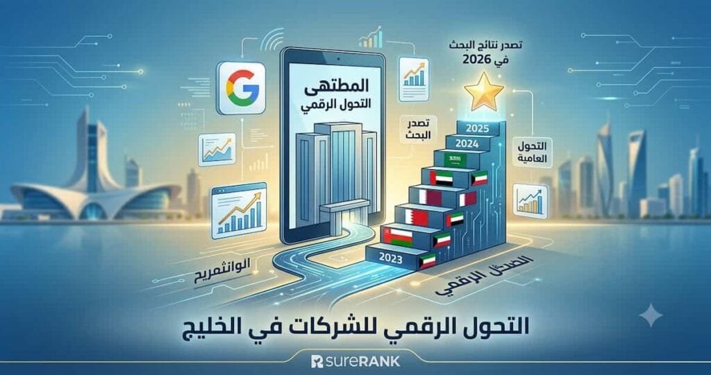 "رسم توضيحي يمثل التحول الرقمي للشركات في دول الخليج وتصدر نتائج البحث في 2026."