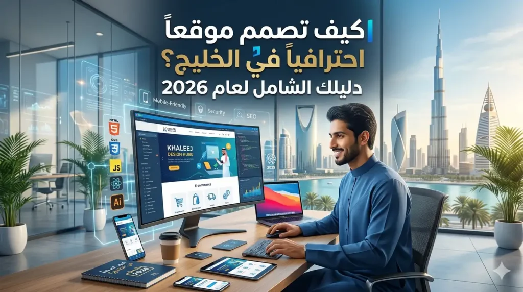 مصمم مواقع خليجي يعمل على جهاز كمبيوتر أمام إطلالة مدينة حديثة