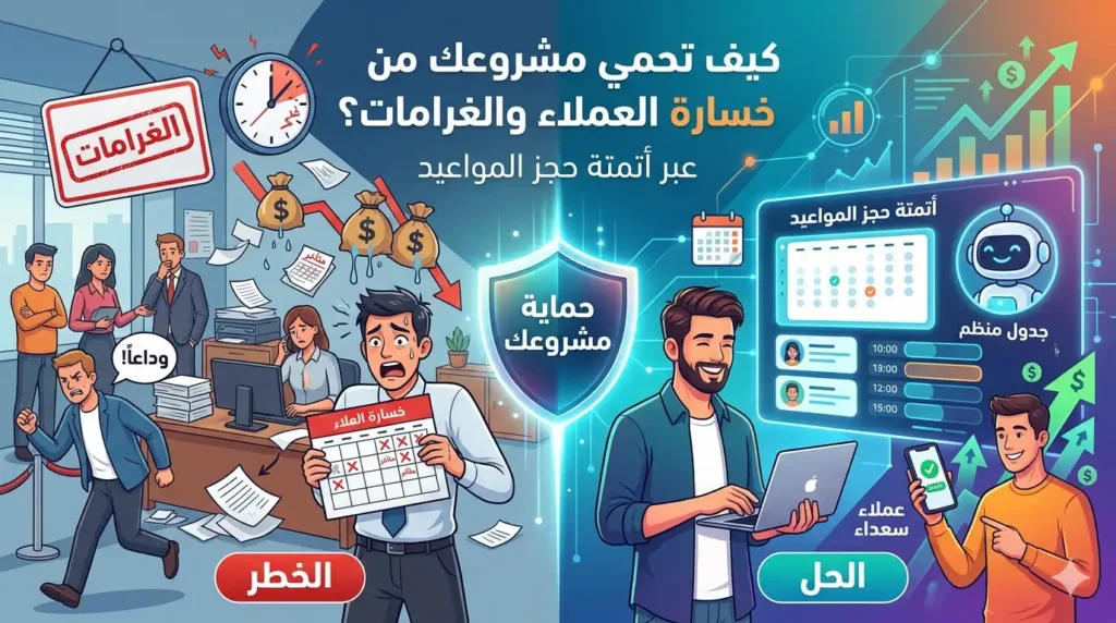 مقارنة بصرية توضح حماية المشاريع من خسارة العملاء والغرامات عبر أتمتة حجز المواعيد الرقمية